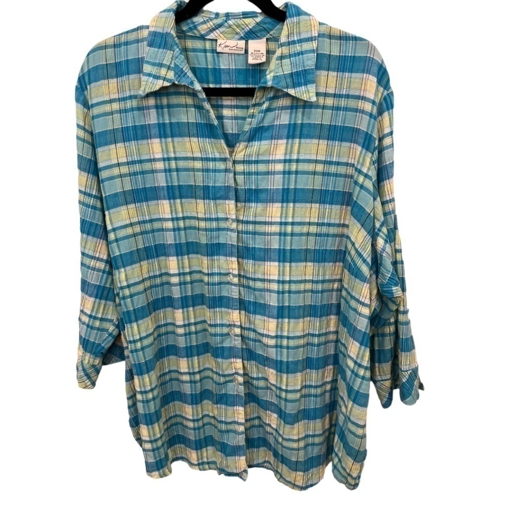 Kim Rogers Plus Size 3/4 Sleeve Button Front Summer Plaid Top Size 20W